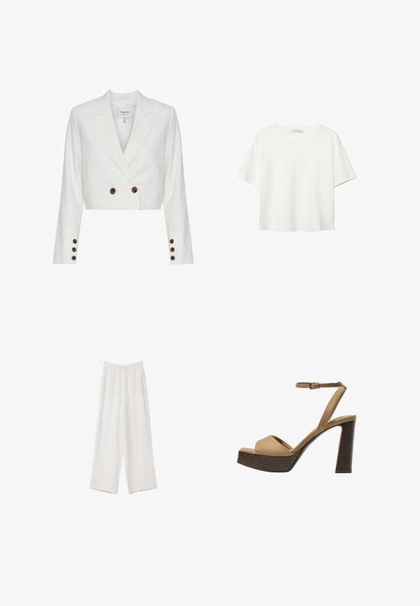 Zastrihnutý biely sak s dvojradovým zapínaním, so hnedými gombíkmi, klopami a dlhými rukávmi. Hladká textúra látky.; Biela krátkopsová tričko vyrobené z bavlny. Má okrúhly výstrih a voľný strih. Hladká textúra bez viditeľných vzorov alebo akcentov.; Biele široké nohavice vyrobené z ľahkej tkaniny. Obsahujú elastický pás so sťahovacou šnúrkou a bočné vrecká. Hladká textúra.; Bežové semišové sandále na vysokom opätku s širokým predným pásom a pásikom okolo členka, ktoré majú masívny drevený blokový opätok s textúrovaným povrchom.