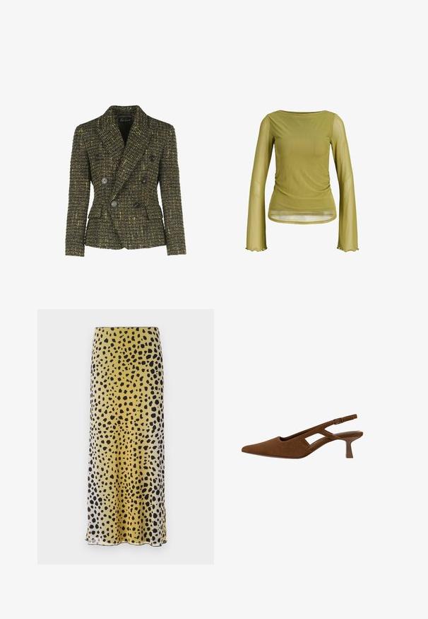 Dwurzędowa marynarka uszyta z fakturowanej ciemnej tkaniny z żółtymi akcentami. Posiada czarne guziki i dwie boczne kieszenie. Dopasowany krój.; Oliwkowa bluzka z długim rękawem, wykonana z lekkiego, przezroczystego materiału, z marszczeniami w talii i falbaniastym wykończeniem rękawów.; Midi spódnica w żółto-czarne plamy, wykonana z lekkiego materiału, charakteryzująca się gładką teksturą oraz prostym krojem z wykończeniem.; Brązowy zamszowy but na odkrytej pięcie z wąskim noskiem, wyciętym wzorem i smukłym obcasem. Posiada pasek z klamrą oraz gładką podszewkę.