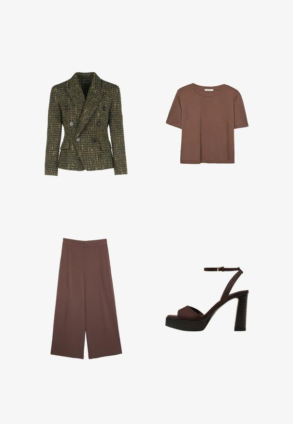 Dvoredno jakno iz teksturirane temne tkanine z rumenimi akcenti. Ima črne gumbe in dve stranski žepu. Prilegajoča se kroja.; Rjava kratka majica s kratkimi rokavi iz mehkega materiala, s krožnim izrezom in ohlapnim krojem. Brez vidnih vzorcev ali dodatkov.; Rjave široke hlače z gladko teksturo, ki imajo visok pas in sprednje naborke. Tkanina je lahka in prosto pada.; Rjave semiš sandale z visoko peto, odprto spredaj, z nastavljivim gležnjenjem in črtastim podplatom.