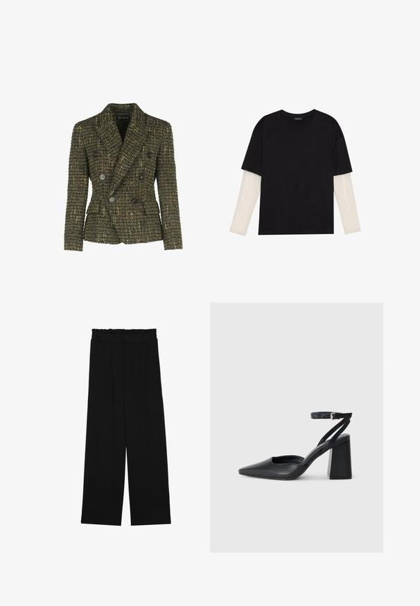 Tuoreiden, tummista kankaista valmistettu kaksirivinen bleiseri, jossa on keltaisia yksityiskohtia. Mustat napit ja kaksi sivutaskua. Muotoonommeltu malli.; Mustapaita, joka on valmistettu puuvillasta ja jossa on lyhyet hihat valkoisen pitkähihasen kerroksen päällä, jossa on hienovarainen teksturoitu kuvio. Pyöreä kaula-aukko.; Musta leveälahkeinen housut, joissa on röyhelövyötärö, kaksi sivutaskua ja sileä, kevyt kangas. Ei näkyviä kuvioita tai metalliosia.; Mustat nahkakengät, joissa on kapea kärki, nilkkaremmi ja paksu korko. Tasainen pinta, tyylikäs muotoilu ja minimalistinen estetiikka.