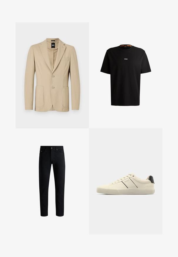 Blazer bege com um tecido texturizado. Apresenta um colarinho em bico, dois botões, um bolso no peito e dois bolsos frontais. ; T-shirt preta em algodão com gola redonda, mangas curtas e logo branco "BOSS" centrado no peito. Textura suave, corte casual.; Jeans pretos slim-fit com cinco bolsos, fecho de botão e passantes para cinto, exibidos contra um fundo branco.; Sapatilhas de cor creme com uma textura suave, apresentando detalhes e marcação em preto. Design clássico com atacadores e bico redondo, e sola de borracha.