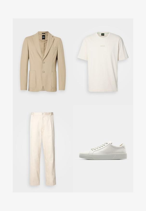 Bež blazer iz teksturirane tkanine. Ima ovratnik s rezom, dva gumba, žep na prsih in dve sprednji žepi.; BOSS TEE - Navadna majica - open white; Bež cottone hlače s ravnim krojem, ki imajo gumbasto zapiranje in nabore spredaj za dodatne detajle.; Bela usnjena tenisačka obutev s zaobljenim nosom, minimalističnim dizajnom, sivozelenimi vezalkami in teksturiranim sivo gumijastim podplatom. Opazne diskretne šivalne podrobnosti.
