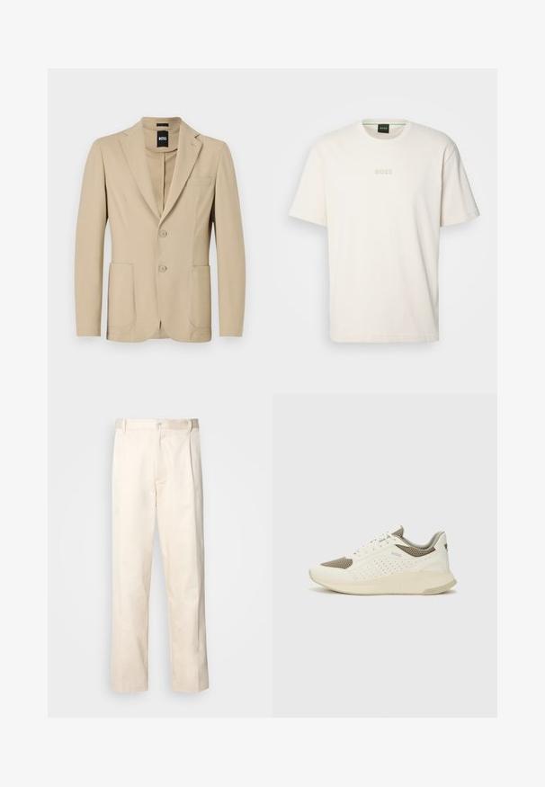 Blazer bege com um tecido texturizado. Apresenta um colarinho em bico, dois botões, um bolso no peito e dois bolsos frontais. ; BOSS TEE - T-shirt básica - open white; Calças de algodão bege com corte reto, apresentando um fecho de botão e pregas na frente para um detalhe adicional.; Sapatilha atlética branca e bege claro, com parte superior em malha, detalhes perfurados e uma entressola texturizada com marcação no calcanhar.
