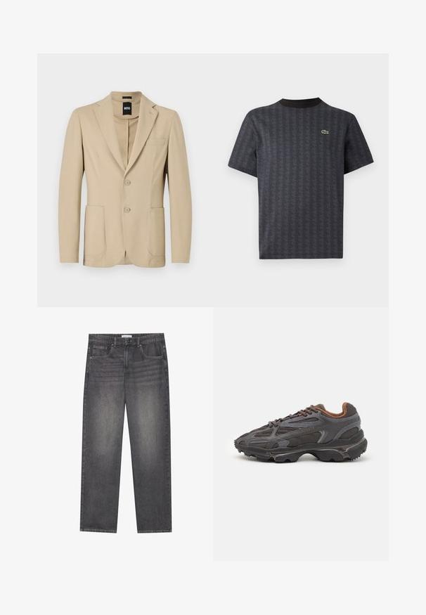 Beige sako s texturovanou tkaninou. Obsahuje klopový límec, dva knoflíky, náprsní kapsu a dvě přední našité kapsy.; Černé tričko s krátkým rukávem s geometrickým vzorem a zeleným logem krokodýla, s pevným černým kulatým výstřihem.; Tmavě šedé džíny z denimu se rovnýmsakem, které mají pět kapes, zapínání na knoflík v přední části a jemné blednutí na látce.; Sněrovací boty Lacoste v tmavě šedé barvě s síťovinou a syntetickým materiálem, prezentující texturovanou podrážku a hnědé detaily na límci a logu.