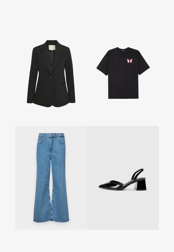 Musta muotoiltu naisten bleiseri, jossa on yksittäinen nappisulku, lovet kauluksessa ja kaksi etutaskua, esitetty valkoista taustaa vasten.; Musta puuvillapaita lyhyillä hihoilla, jossa on pieni vaaleanpunainen perhosgrafiikka vasemmassa rinnassa. Pyöreä kaula-aukko ja rento istuvuus.; Vaaleansiniset leveälahkeiset farkut, joissa on korkea vyötärö, viisi taskua ja yksi napin sulkeminen. Pehmeä pinta, jossa on haalistunut viimeistely.; Mustat patentoitu nahkakengät, joissa on säären takaosa ja terävä kärki, sekä geometrinen palikkakorko. Sisältää tyylikkään, minimalistisen muotoilun ja sileän pinnan.