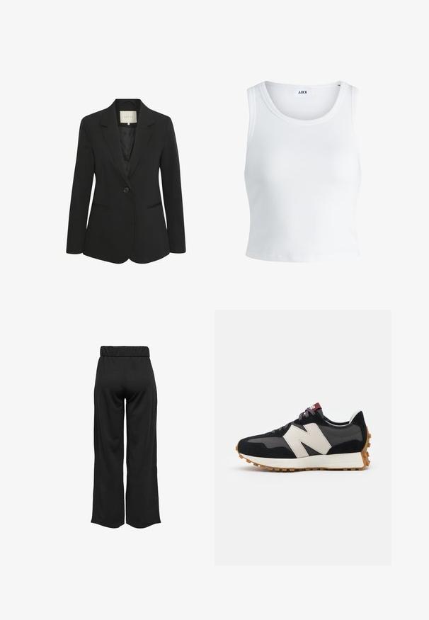 Blazer donna nero su misura con chiusura a un bottone, rever a battente e due tasche frontali, mostrato su uno sfondo bianco.; Canottiera bianca a coste con scollatura rotonda, senza maniche e lunghezza cropped. Etichetta con la scritta "JJXX". Tessuto di texture liscia.; Pantaloni neri a gamba larga con cintura elastica, realizzati in tessuto liscio. Presentano un design pulito senza tasche o dettagli di cucitura visibili.; Sneaker in suede nero e grigio con un grande logo "N" color crema, lacci viola e una suola esterna in gomma gommosa texturizzata.