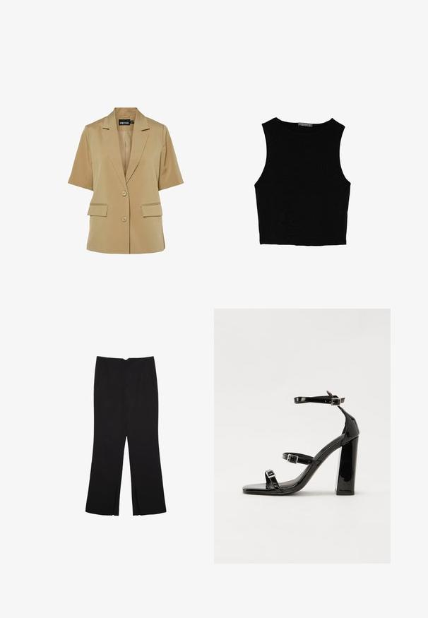Beige kortärmad blazer med slagkrage, två framfickor och två knappar. Tillverkad av mjukt tyg med en skräddarsydd passform.; Svart ärmlös crop top i mjukt tyg, med rund hals och en ren, enkel design utan mönster eller detaljer.; Svarta byxor med rak passform, utrustade med framfickor och sidoklyvningar vid fållen. Tillverkade av mjukt, slätt tyg. Lämpliga för olika tillfällen.; Svarta lackerade klacksandaler med fyrkantig tå, ankelremmar och silverfärgade spännen. Har en kraftig blockklack för stabilitet.