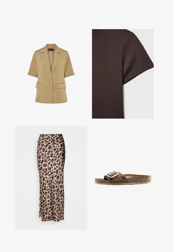 Vaaleanbeige lyhythihainen bleiseri, jossa on käänteet, kaksi etutaskua ja kaksi nappia. Valmistettu sileästä kankaasta, joka on muotoiltu istuvaksi.; T-paita tummanruskeana lyhythihaisena, valmistettu sileästä ja joustavasta materiaalista, jossa on klassinen pyöreä kaula-aukko ja siistit ompeluyksityiskohdat.; Midi-hame in leopardikuosismooth satin-kankaasta. Hameesssa on tiukka siluetti, jossa on pieni halkio helmaassa liikkumista varten. Neutraali beige ja ruskea.; Ruskea nahkainen liukusandaali leveällä hihnalla, metalliset solkiyksityiskohdat ja muotoiltu korkkipohja teksturoidulla kumipohjalla.