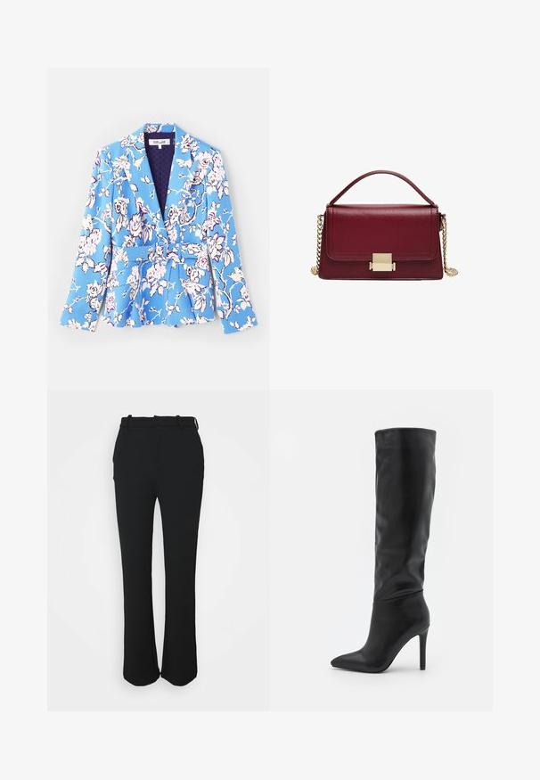 Sininen kukkakuosisakko, jossa on vyö vyötäröllä, leikatut kaulukset, pitkät hihat sekä vuorattu sisus, jossa on tyynytettu pinta.; Sininen ja musta vetoketjullinen huppari, jossa valkoiset yksityiskohdat. Hupparissa on "RACING"-logo vahvassa fontissa, korkea kaulus ja kaksi vetoketjullista taskua.; Musta, muotoiltu housut, joissa on sileä viimeistely, suora lahjerakenne ja vyötärö. Ominaisuuksia hienovaraisia ompeluyksityiskohtia ja ei taskuja.; RAID TALISHA - Saappaat - black; Bordeaux nahkalaukku, jossa on jämäkkä muotoilu, kultainen varmistuskilpi ja irrotettava ketjuhihna. Sileä pinta ja suorakulmainen muoto.