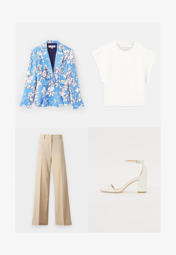 Kék színű, virágmintás blézer, derékig érő övvel, kivágott hajtókákkal, hosszú ujjakkal, bélelt belső résszel és steppelt textúrával.; Fehér, doboz formájú póló rövid ujjakkal. Simára símított szövetből készült, kerek nyakkivágással és diszkrét vállrészletekkel rendelkezik. Egyszerű dizájn.; Beige színű, bő szabású nadrág sima anyagból, lapos elejével, redőkkel, cipzáras záródással és övhurkokkal. Összességében testreszabott szabású.; Fehér bőrsarkú szandál bokaankarral és csattal, minimális dizájnnal. Nyitott orrú és sima textúrákkal az egész felületen.