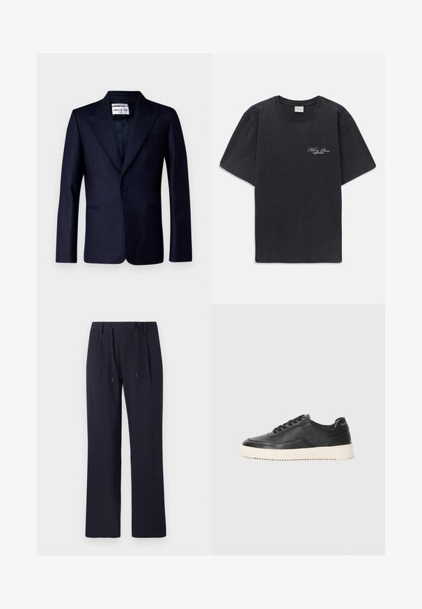 Paul & Joe ULEO - Giacca - marine; T-shirt nera a maniche corte con collo rotondo, dotata di un piccolo logo bianco "Filling Pieces" sul lato sinistro del petto.; Pantaloni blu navy con design a gamba dritta, realizzati in tessuto testurizzato. Presentano una chiusura frontale con bottone e una vita regolabile con cordoncino.; Sneaker in pelle nera con finitura texturizzata, punta rotonda e suola piatta in gomma bianca. Presenta lacci neri e un logo sul tallone.