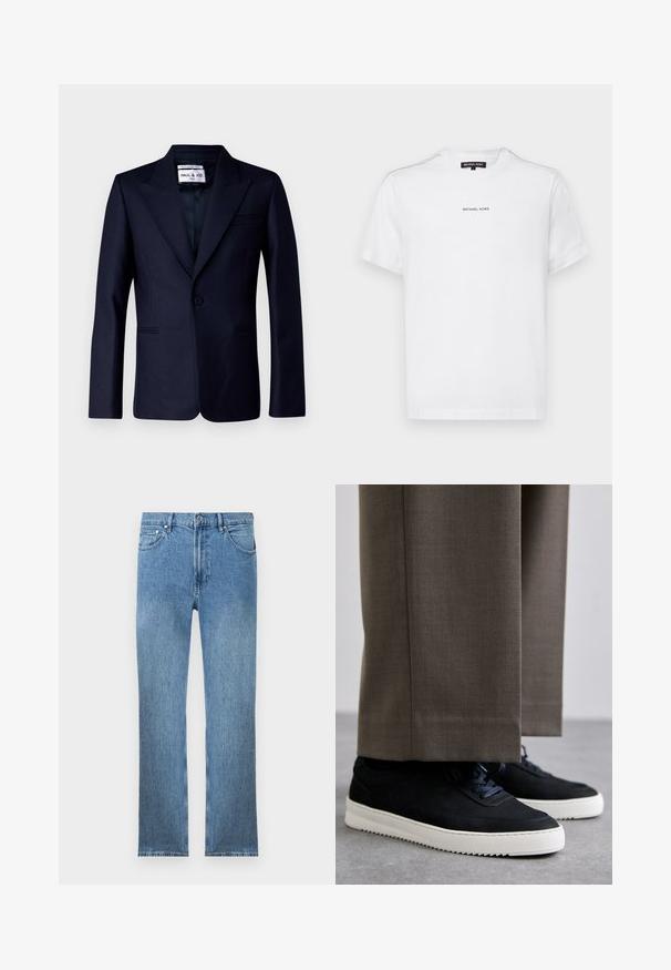 Paul & Joe ULEO - Giacca - marine; T-shirt bianca in cotone con maniche corte, caratterizzata da un collo a giro e un piccolo logo "MICHAEL KORS" stampato in nero sul petto.; Jeans in denim azzurro chiaro con taglio dritto, cinque tasche, chiusura con cerniera e cuciture a contrasto. Il tessuto ha una finitura liscia e strutturata.; Sneakers in suede nera con suole in gomma bianca, dotati di punta tonda e lacci, indossati con pantaloni grigi su misura.