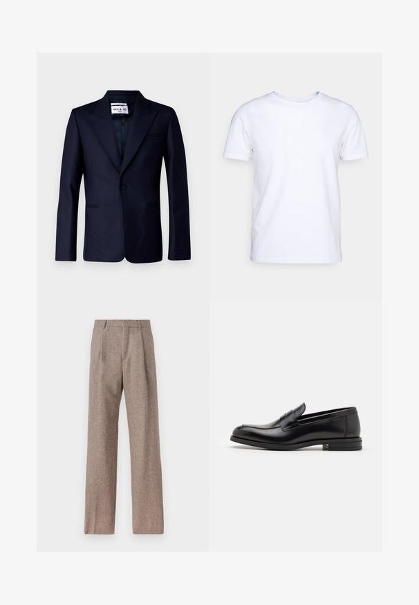 Paul & Joe ULEO - Sakko - marine; Weißes T-Shirt mit kurzen Ärmeln aus Baumwollstoff und rundem Halsausschnitt. Schlichtes Design ohne Muster oder Akzente. Glatte Textur.; Braune, hochtaillierte Hose aus strukturiertem Stoff. Mit weitem Bein und zwei vorderen Bügelfalten für zusätzliche Form. Saubere Verarbeitung ohne sichtbare Hardware.; Schwarze Lederloafers mit glatter Textur, rundem Zehenbereich und einem dekorativen Riemen über dem Vorderfuß. Niedriger, gestapelter Absatz, minimalistisches Design.
