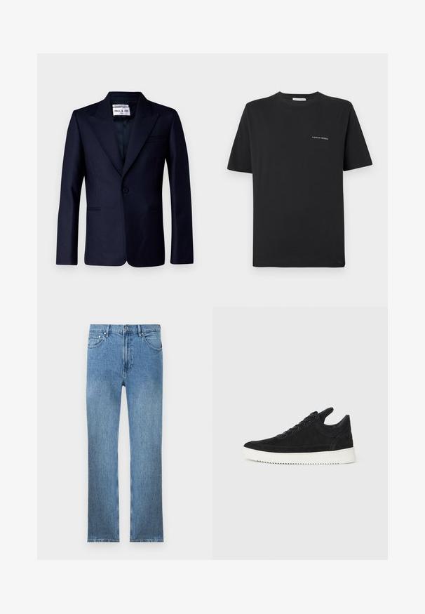 Paul & Joe ULEO - Suknjič - marine; Črna bombažna majica s krojnim izrezom, kratkimi rokavi in majhnim belim logotipom "TIGER OF SWEDEN" na prsih. Klasičen kroj.; Svjetloplave traperice s ravnim krojem, pet džepova, patentnim zatvaračem i kontrastnim šavovima. Tkanina ima glatku, teksturiranu površinu.; Črne semiš športne copate z belo gumijasto podplatom, ki imajo toneče šive in vezalni dizajn. Gladka tekstura z modernim, poenoteno oblikovano silhueto.