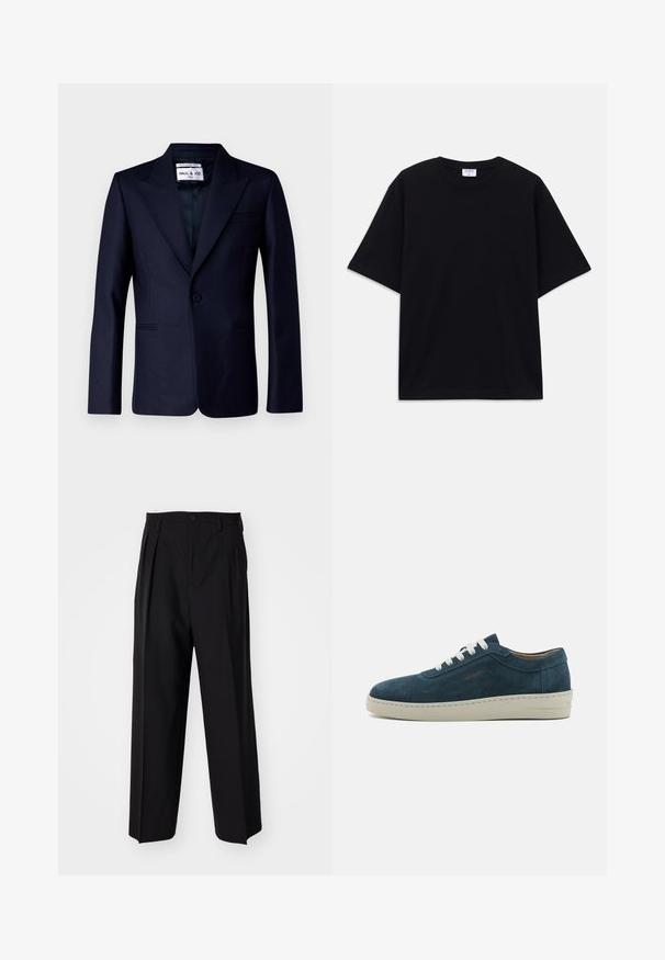 Paul & Joe ULEO - Sako - marine; Crna kratka oversized majica s kratkim rukavima i okruglim izrezom, s vidljivom etiketom branda Filippa K unutar ovratnika.; Crne plisirane hlače s ravnim širokim nogavicama. Izrađene od glatkog materijala, s dugmadi za zatvaranje i petljama za remen.; Plave sneakersice od umjetne kože s okruglim vrhom, bijelim vezicama i gumenom potplatom. Imaju suptilno šivanje i brandiranu oznaku sa strane.