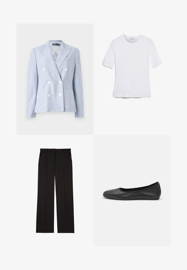 Διπλή μπλούζα σε ανοιχτό μπλε με λευκές κάθετες ρίγες. Διαθέτει κέντρα στο γιακά, λευκά κουμπιά και δύο μπροστινές τσέπες.; Άσπρο κοντομάνικο μπλουζάκι φτιαγμένο από ριγέ ύφασμα. Στρογγυλή λαιμόκοψη, κανονική εφαρμογή και διακριτές λεπτομέρειες ραφής. Χωρίς σχέδια ή γραφικά.; Μαύρο παντελόνι κομμένο, κατασκευασμένο από απαλό ύφασμα, με σχέδιο ίσιας γραμμής και δύο πλαϊνές τσέπες. Κομψή και μινιμαλιστική κατασκευή.; Μαύρο δερμάτινο μπαλαρίνι με στρογγυλή μύτη, λεία υφή, ελάχιστες λεπτομέρειες ραφής και σχεδίαση ευέλικτης σόλας.