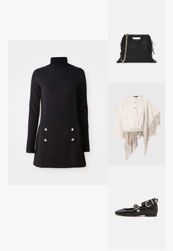Kofta i ullblandning i ljusbeige med rundad halsringning, knappstängning, två framfickor och asymmetrisk fåll med lång frans.; Svart ribbat turtleneckklänning med långa ärmar, med en figurnära kropp och en utsvängd kjol med två framfickor och guldtonade knappar.; Svart lacklädersplattork med fyrkantig tå, ankelrem med silverfärgad detalj och platt sula. Slät yta med minimalistisk design.; Svart läderhandväska med fransdetaljer, guldkedja som axelrem och ett handtag med urtag. Har logotyp placering framtill.