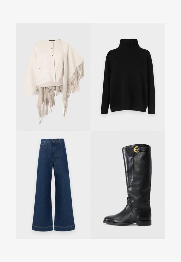 Villane segajakk kerge beežiga, ümara kaelusega, nööpkinni, kahe esisebeta ja asümmeetrilise hemiga, millel on pikad sälgud.; Mustast riidest kudumiga kampsun, millel on kõrge soonikuga krae, allapoole langetatud õlad ja lõdvestunud lõige. Omadusena soonikuga mansetid ja alumine ääreosa, mis lisavad tekstuuri.; Laia siniste denim pükste suur jalg, kõrge vöökoht, nupuga kinnitamine, vöökohad ja peened õmblusdetailid taskute ja äärte ääres.; Mustast nahast põlvekõrgune saabas, millel on ümar varvas, nööbitav esikülg, külgedel detailid ja kuldne aksessuaar lõpus. Sujuv tekstuur.