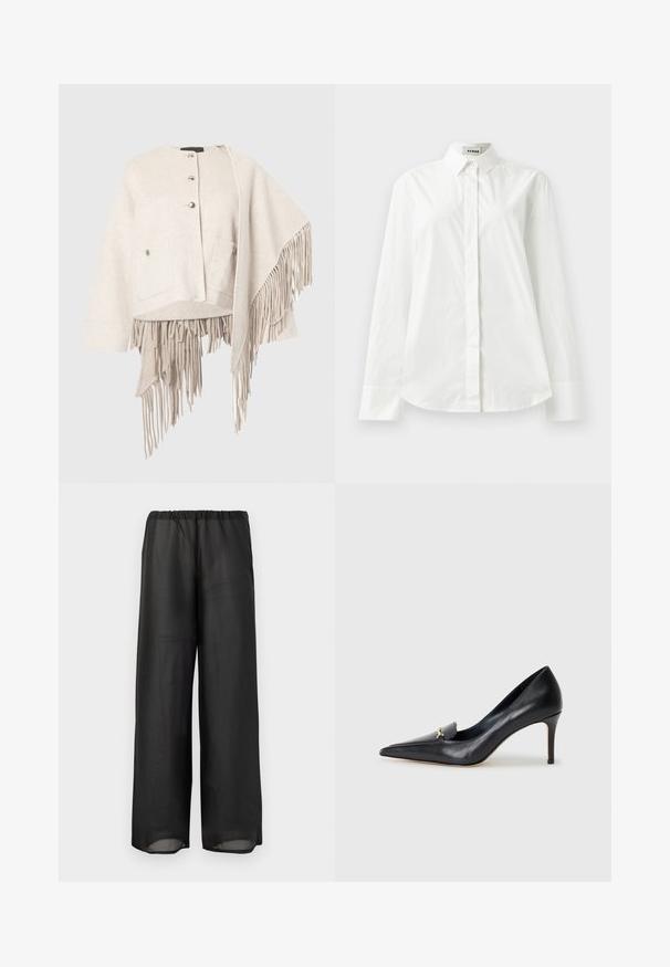 Svetrová bunda z vlneného zmesi v svetlo béžovej farbe s okrúhlym výstrihom, zapínaním na gombíky, dvoma prednými vreckami a asymetrickým lemom s dlhými třásňami.; Biela bavlnená košeľa s dlhým rukávom, s špicatým golierom, zapínaním na gombíky a zakulateným lemom. Hladká textura, bežný strih a bez vzorov.; Čierny bezrukávový top vyrobený z jemnej bavlny. Má okrúhly výstrih a štandardný lem. Jednoduchý dizajn, žiadne viditeľné vzory ani akcenty.; Čierne nohavice s širokými nohavicami vyrobené z ľahkej, polopriehľadnej látky s elastickým pásom. Dizajn má voľný a uvoľnený strih.; Čierne kožené lodičky s špicatou špičkou, nízkym vampom a dekoratívnym zlatým akcentom. Majú podpätok typu stiletto a hladký povrch.
