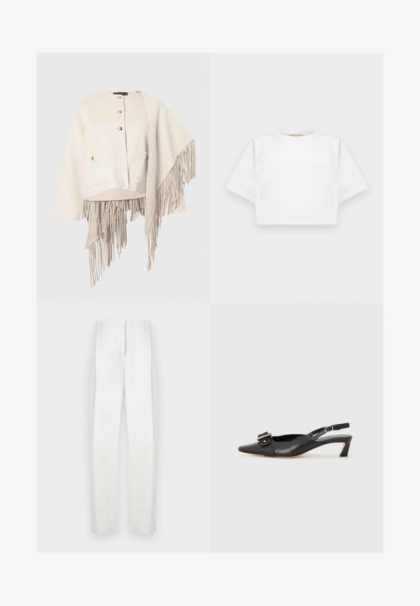 Veste en mélange de laine beige clair avec un col rond, fermeture à boutons, deux poches avant et un ourlet asymétrique décoré de longues franges.; T-shirt blanc court en tissu doux, avec des manches courtes, un col rond et des détails en côtes sur l'ourlet. Design simple et sans embellissement.; Paul Smith Pantalon classique - white; Chaussure slingback en cuir noir avec un bout pointu, un petit talon et un détail de boucle décoratif sur le dessus. Texture lisse, design minimaliste.
