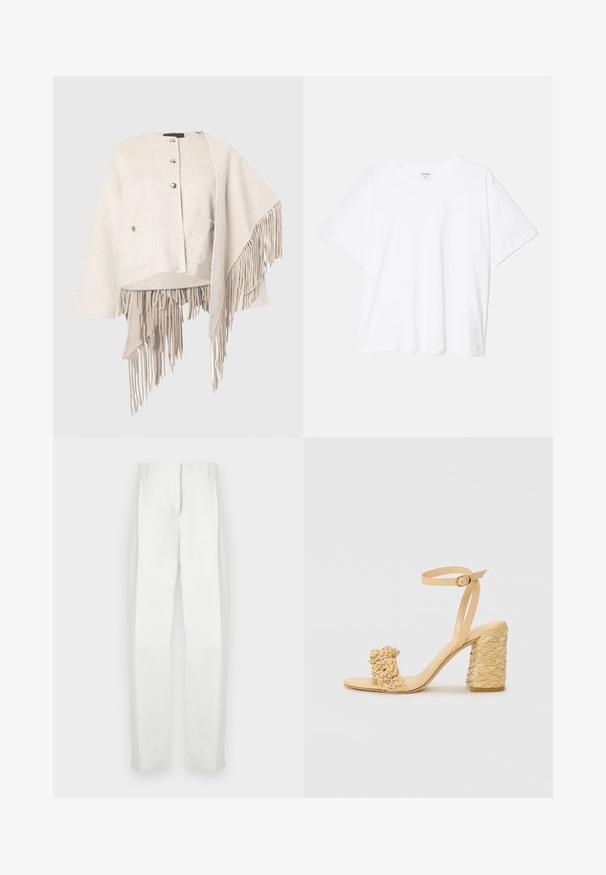 Vilnas maisījuma jaka gaiši bēšā krāsā ar noapaļotu kakla izgriezumu, pogu aizdari, divām priekšējām kabatām un asimetrisku apakšmalu, kurai ir garie piepīņi.; Balta kokvilnas T-krekls ar īsām piedurknēm, apaļu dekoltē, brīva piegriezuma un šūtu apakšmalu. Etiķete redzama iekšējā kakla daļā.; Paul Smith Auduma bikses - white; Bēšas augstpapēžu sandaļi ar pītas faktūras dizainu, kas ietver dekoratīvu ziedu un potītes siksnu. Kvadrātveida papēdis nodrošina stabilitāti.