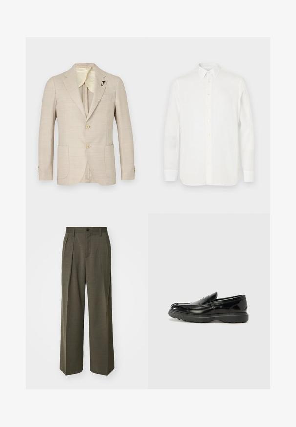 Beige bleiseri teksturoidussa kankaassa, jossa on kaksinappinen etuosa, lovet kaulukset, rintatasku ja kultasävyiset napit, sekä satiinivuori.; Valkoista pitkähihasta paitaa, joka on valmistettu kevyestä kankaasta. Siinä on klassinen kaulus, napitus ja suora helma. Sileä pinta.; Filippa K WIDE TROUSERS - Housut - driftwood; Mustat nahkakengät, joissa on kiiltävä pinta, pyöreä kärki, huomaamaton ompelu ja paksu kumipohja kestävyyttä varten.