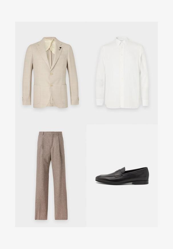 Beige blazer in textured fabric, featuring a two-button front, notch lapels, a chest pocket, and gold-tone buttons, with a satin lining.; White long-sleeve shirt made of lightweight fabric, featuring a classic collar, button closure, and straight-cut hem. Smooth texture.; Brown, high-waisted trousers made of textured fabric. Features wide legs and two front pleats for structure. Neat finish with no visible hardware.; Black leather men's loafer with a low heel and a classic penny strap design, shown in side profile on a white background.