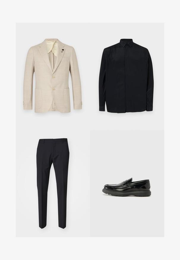 Bezs színű blézer texturált anyagból, két gombbal elöl, kiflit nyakkal, mellzsebbel és arany színű gombokkal, selyem béléssel.; Fekete, hosszú ujjú ing sima anyagból, klasszikus gallérral, gombos zipzárral, laza szabással és megkötött ujjakkal.; Sötét tengerészkék, slim fit nadrág. Sima, texturált anyagból készült, lapos elülső résszel, övhurkokkal és oldalsó zsebekkel rendelkezik.; Fekete bőr loafer, fényes felülettel, kerek orral, diszkrét varrási részletekkel és vastag gumitalppal a tartósság érdekében.