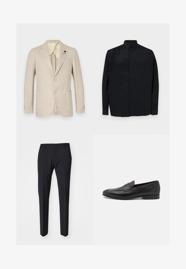 Blazer beige in tessuto strutturato, con chiusura a due bottoni, revers a punta, taschino sul petto e bottoni dorati, foderato in satin.; Camicia nera a maniche lunghe realizzata in tessuto morbido, con colletto classico, apertura con bottoni e vestibilità rilassata con maniche a polsino.; Pantaloni scuri blu navy con vestibilità slim. Realizzati in tessuto liscio e strutturato, presentano una parte frontale piatta, passanti per cintura e tasche laterali.; Mocassino da uomo in pelle nera con tacco basso e design classico a striscia, mostrato in profilo laterale su sfondo bianco.