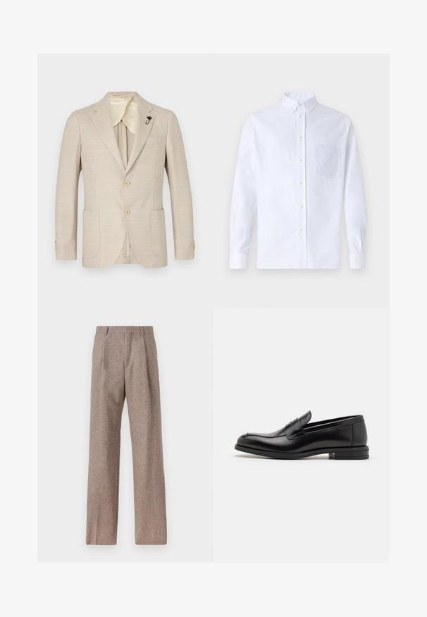 Beige blazer in textured fabric, featuring a two-button front, notch lapels, a chest pocket, and gold-tone buttons, with a satin lining.; White long-sleeve button-up shirt made of cotton, featuring a chest pocket with tonal embroidery, a collar, and button cuffs.; Brown, high-waisted trousers made of textured fabric. Features wide legs and two front pleats for structure. Neat finish with no visible hardware.; Black leather loafers with a smooth texture, rounded toe, and a decorative strap across the vamp. Low stacked heel, minimalist design.