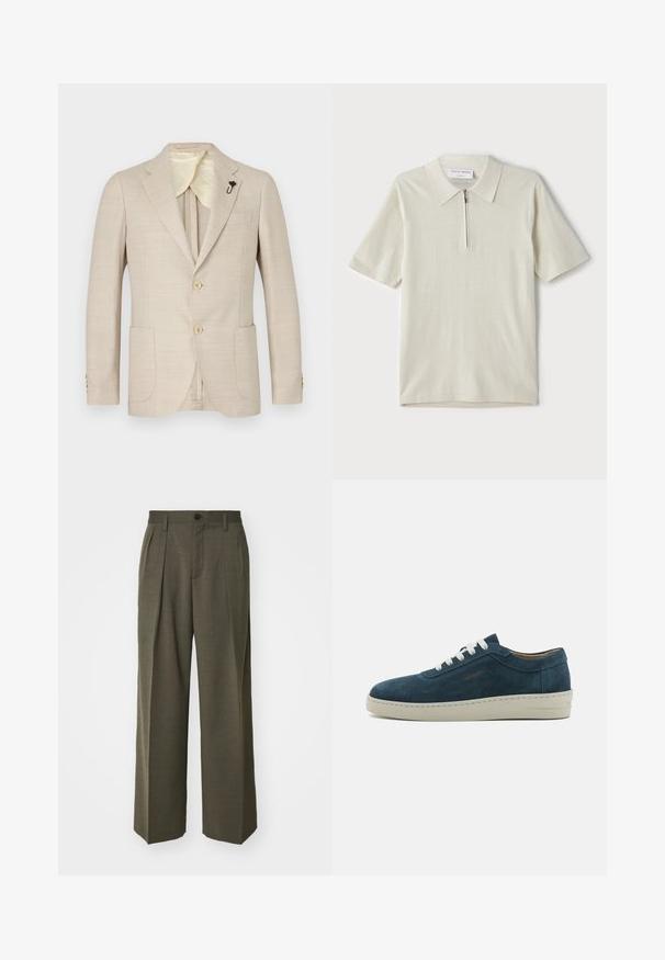 Beige bleiseri teksturoidussa kankaassa, jossa on kaksinappinen etuosa, lovet kaulukset, rintatasku ja kultasävyiset napit, sekä satiinivuori.; Vaate lyhythihaisista polo-paitojen vaaleassa beige-värissä, jossa on vetoketjukaulus. Valmistettu sileästä kankaasta, yksinkertainen ja moderni malli ilman kuvioita.; Filippa K WIDE TROUSERS - Housut - driftwood; Sininen mokkakengät pyöreällä varvalla, valkoisilla nauhoilla ja kumipohjalla. Sisältää hienovaraisia ompeleita ja merkkikorostuksen sivussa.