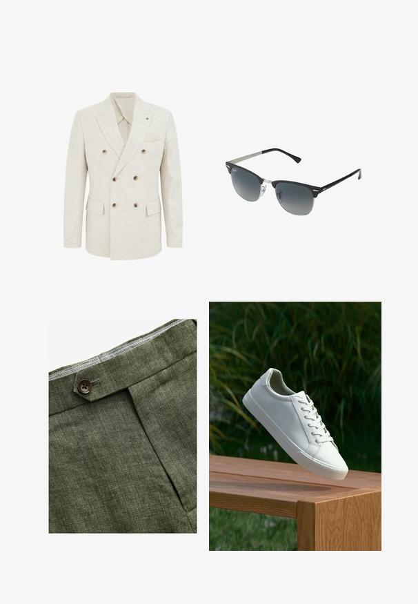 WE Fashion DOUBLE BREASTED - Kavaj - beige; Ljusblå långärmad skjorta med knappar och klassisk krage, rak fåll och subtil textur. Har en central knäppning.; Olivgröna linbyxor med en frontveck, med en knappstängning och en kontrasterande rutigt foder i midjebandet.; Vit snörad sneaker svävande ovanför en träbänk med gröna växter i bakgrunden, som visar skodesign och textur.; Svarta och silverfärgade solglasögon med kattögaform, gradientlinser och metalliska detaljer på ramen. Plastbågar med gråa tippar.