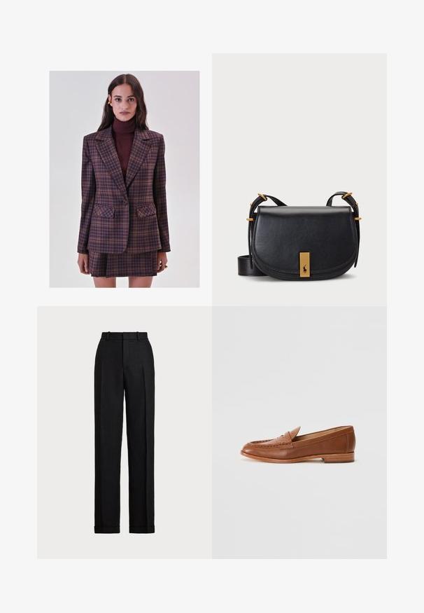 Vrouw in een paarse en bruine geruite blazer en bijpassende geplooide rok met een bordeauxrode coltrui, staand voor een effen achtergrond.; Zwarte coltrui van ribstof. Lange mouwen, aansluitend ontwerp en een iets relaxte zoom zonder zichtbare patronen of hardware.; Zwarte, high-waisted broeken gemaakt van linnen. Heeft een rechte pijp, persplooien en omslagen aan de zoom. Geen zichtbare zakken of sluitingen.; Lauren Ralph Lauren WYNNIE - Instappers - deep saddle tan; Zwarte leren schoudertas met een gebogen vorm, gouden hardware en een voorpaneel met logo-details. Verstelbare schouderriem inbegrepen.