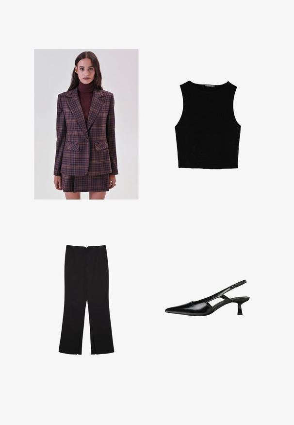 Woman wearing a purple and brown plaid blazer and matching pleated skirt with a burgundy turtleneck, standing against a plain background.; Black sleeveless crop top made of smooth fabric, featuring a round neck and a clean, simple design without patterns or hardware.; Black trousers with a straight fit, featuring front pockets and side slits at the hem. Made of soft, smooth fabric. Suitable for various occasions.; Black patent leather slingback heels with a pointed toe, cut-out side design, and a small square heel. Smooth texture with minimal accents.