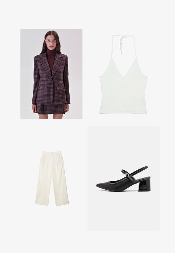 Woman wearing a purple and brown plaid blazer and matching pleated skirt with a burgundy turtleneck, standing against a plain background.; White halter neck tank top with a deep V-neckline. Made from a smooth, lightweight fabric. Features adjustable tie at the back.; Wide-leg trousers in cream fabric with a smooth texture, featuring a single front button, subtle pleats, and a high waist design.; Black patent leather slingback heels with a pointed toe, a rounded cutout design, and a block heel. Features a gold-tone buckle accent.