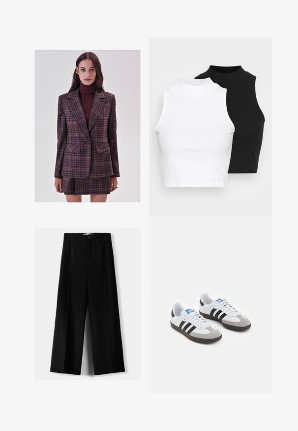 Frau trägt ein lila und braunes Karoblazer und einen passenden Wickelrock mit einem burgunderfarbenen Rollkragenpullover, stehend vor einem schlichten Hintergrund.; Zwei ärmellose, gerippte Rollkragenoberteile in Schwarz und Weiß, mit einer figurbetonten Passform und glatter Textur sowie einer cropped Länge.; Schwarze weite Hosen aus leichtem Stoff, mit einem Knopfverschluss vorne und flachem Bund, mit sorgfältig genähten Säumen.; Sportschuhe mit einem Obermaterial aus weißem Leder, grauer Wildleder-Zehenkappe und drei schwarzen Streifen. Sie verfügen über ein blaues Logo auf der Zunge und eine strukturierte Gummisohle.