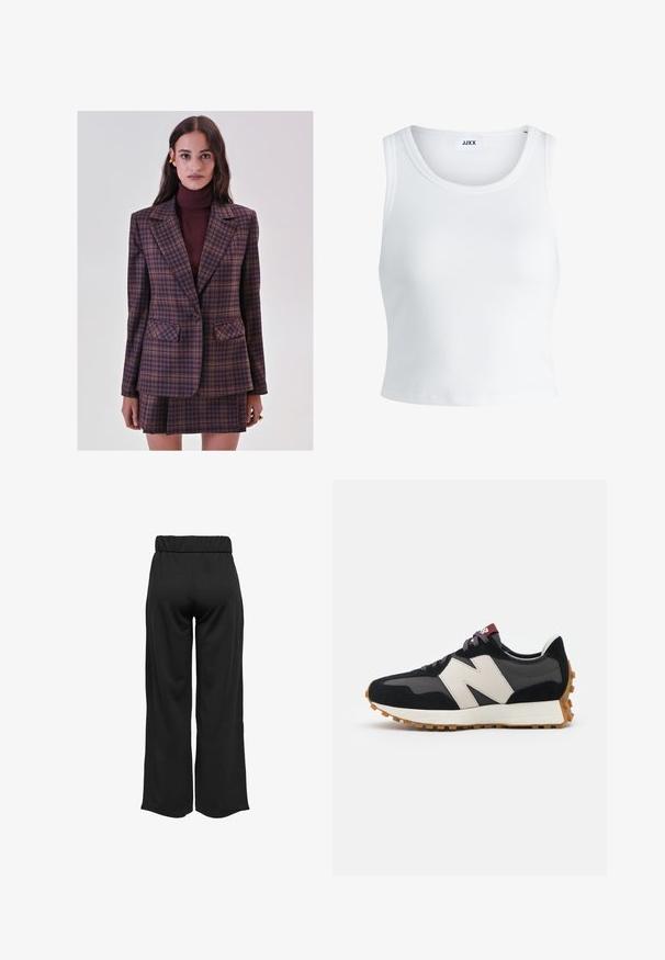 Woman wearing a purple and brown plaid blazer and matching pleated skirt with a burgundy turtleneck, standing against a plain background.; White ribbed tank top featuring a round neckline, sleeveless design, and a cropped length. Label reads "JJXX." Smooth fabric texture.; Black, wide-leg pants with an elastic waistband, made from smooth fabric. Features a clean design with no pockets or visible stitching details.; Black and gray suede sneaker with a large cream-colored "N" logo, purple laces, and a textured gum rubber outsole.