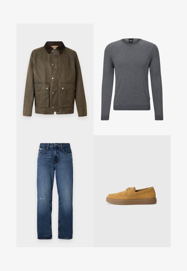 Pruun canvas jakk, millel on tume kašmiirkrae, trukknupud ja kaks eesmist taskut, millel on õmmeldud detailid.; Hall modräge puuvillane sviitriga, mis on valmistatud pehmest kudumiskangast. Sellel on pikad varrukad, soonikkoes mansetid ja serv, ning küljes on väike logotagi.; Sinine denimist valmistatud sirge jala disainiga teksad. Esiosal on pleekinud alad ja kerge kulumine, klassikaline nupplukuga.; Pruunid sametist libisemisega kingad, millel on tekstureeritud viimistlus, ümmargune varvas ja kontrastne kummitald. Pakub peent brändimist kanna lähedal.