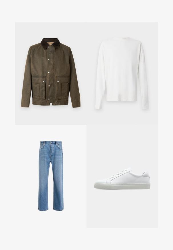 Rjav platneni jopič z temnim žametnim ovratnikom, z gumbi na pritisk in dvema sprednjima žepoma z našitki.; Bela bombažna srajca z dolgimi rokavi in okroglo ovratnikom, z bočnimi razporki na dnu in gladko teksturo, prikazana s hrbtne strani.; Svetlo modre denim kavbojke s ravno nogavico, petimi žepi, z gumbom za zapiranje, minimalnim zbledelostjo in kontrastnimi šivi.; Bela športna obutev z gladkim usnjenim zgornjim delom in nizkim profilom. Ima zaokrožen nos, šest lukenj za vezalke in teksturiran gumijast podplat.