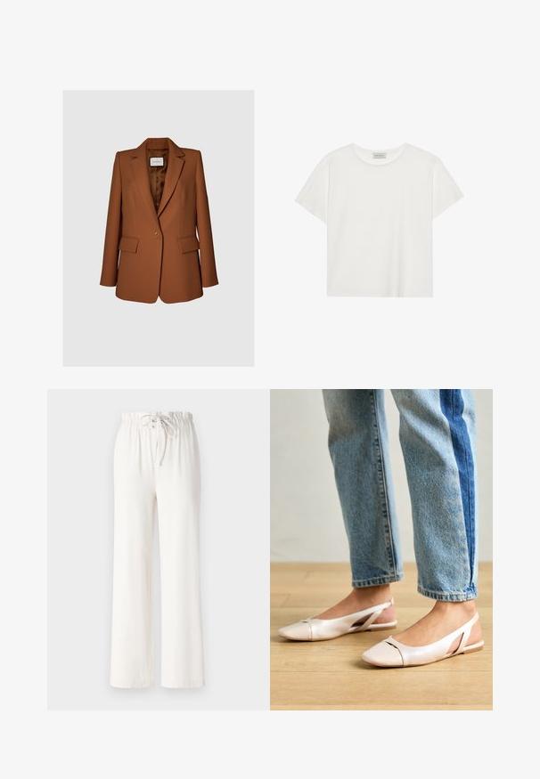 Hnedý upravený blazer vyrobený z hladkej tkaniny s jedným gombíkom, klopovými nápadmi a dvoma prednými vreckami. Podšívkovaný interiér.; Biele tričko s krátkymi rukávmi vyrobené z jemnej bavlny. Má okrúhly výstrih a voľný strih. Čistý dizajn bez viditeľných vzorov alebo akcentov.; Biele široké nohavice vyrobené z mäkkej tkaniny, s elastickým pásom so šnúrkou a hladkým povrchom. Žiadne vzory ani ozdoby nie sú viditeľné.; Svetloružové slingback baleríny s jemne špicatou špičkou, vyrobené z hladkého materiálu pripomínajúceho kožu. Majú výrezové detaily na stranách a plochý opätok.