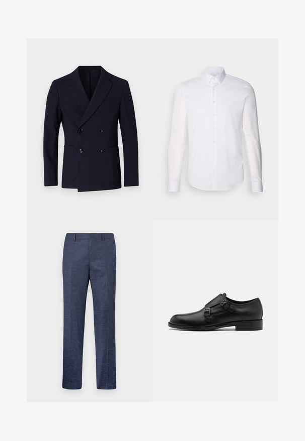 Tamsiai mėlynas dublėras su tekstūruotu paviršiumi, smailiu apykakle, dviem priekinėmis kišenėmis ir dviem juodais mygtukais uždarymui.; Baltas ilgas rankoves mygtukinis marškinys, pagamintas iš medvilnės, su klasikinio tipo apykakle, priekyje esančiais mygtukais ir minimaliais siuvinėjimo detalėmis.; Tamsiai mėlynos kelnės, pagamintos iš tekstūruoto audinio, su tiesiomis kojomis, lygia priekiu ir dviem šoninėmis kišenėmis. Nėra matomų raštų ar akcentų.; Juodas odinis vakariniu batų modelis su dviem sagtimis, elegantiška siluetas ir apvaliu nosiu. Yra žemas kulnas ir glotni tekstūra.