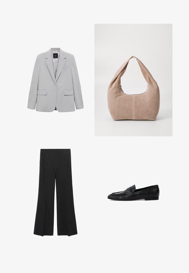 Grijs pinstriped blazer met een notch lapel, enkele knoopsluiting en twee voorzakken. Heeft een zachte voering en een getailleerde pasvorm.; Zwarte gebreide trui met een ronde hals, lange mouwen en een cropped ontwerp. Gemaakt van een zacht materiaal met een gladde textuur.; Zwarte wijde broek met subtiele verticale streepdessin en een elastische tailleband, plat weergegeven op een witte achtergrond.; Zwarte leren loafers met een ronde neus, gestikte details aan de voorkant en een platte zool. Minimalistisch ontwerp met een subtiele logo-accent. ; Hobo-tas gemaakt van zacht, suède materiaal in een lichtbeige kleur. Heeft een ronde vorm met een brede schouderband en een ritssluiting.