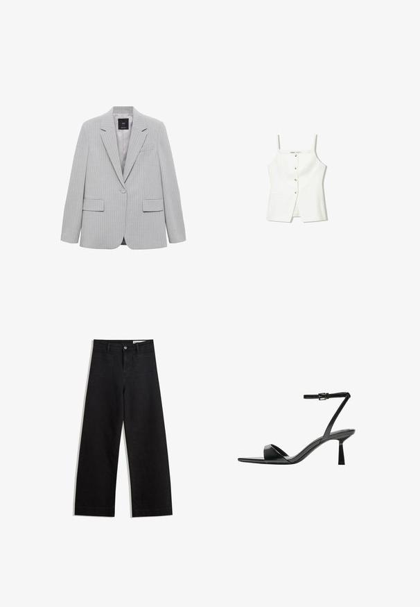 Grijs pinstriped blazer met een notch lapel, enkele knoopsluiting en twee voorzakken. Heeft een zachte voering en een getailleerde pasvorm.; Witte mouwloze top met een knopenfront, zijzakken en een getailleerd ontwerp met een licht uitlopende zoom. Soepele textuur, minimale details.; Zwarte denim broek met wijde pijpen en een hoge taille, voorzien van voor- en achterzakken, gestikte naden en een knoopsluiting. Gladde textuur.; Bershka Sandalen met hoge hak - black