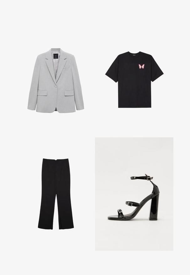 Grau gestreifter Blazer mit Reverskragen, einreihiger Knopfverschluss und zwei Fronttaschen. Mit glatter Fütterung und taillierter Passform.; Schwarzes Baumwoll-T-Shirt mit kurzen Ärmeln, das ein kleines pinkes Schmetterlingsmotiv auf der linken Brust zeigt. Crewneck-Design mit einem entspannten Schnitt.; Schwarze Hose mit geradem Schnitt, ausgestattet mit Fronttaschen und Seitenschlitzen am Saum. Hergestellt aus weichem, glattem Stoff. Geeignet für verschiedene Anlässe.; Schwarze patentierte Sandalen mit Absatz, quadratischer Spitze, Knöchelriemen und silbernen Schnallen. Mit einem stabilen Blockabsatz für mehr Stabilität.