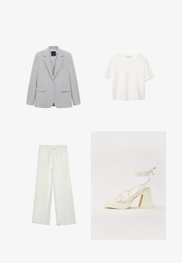 Sivina blazer s črtastim vzorcem, z odrezanim ovratnikom, enojnim gumbom ter dvema sprednjima žepoma. Ima gladko podlogo in prilegan kroj.; Bela kratka majica s kratkimi rokavi iz bombaža. Ima okroglo izrezovanje in sproščen kroj. Gladka tekstura brez vidnih vzorcev ali poudarkov.; Bele široke hlače iz mehkega blaga. Imajo elastičen pas s vrvico in gladko teksturo. Brez vidnih vzorcev ali kovinskih delov.; Bela sandala na visokih petah s debelim petam, ki ima obliko trakcev in vezanje okoli gležnja. Gladka tekstura z platformo spredaj za dodatno višino.