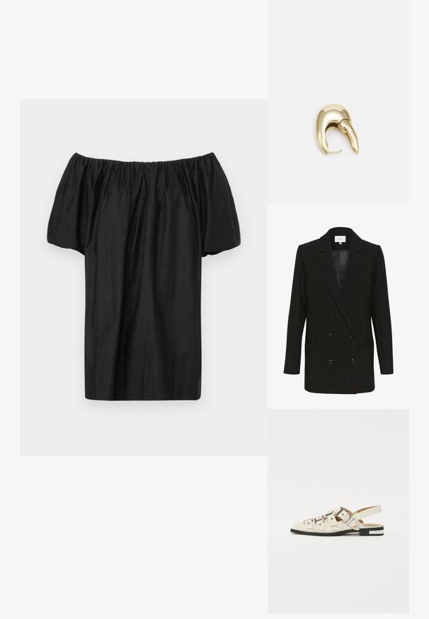 Crni prugasti dvostruki blejzer s satenskim završetkom, s vrhunskim reverima i dva prednja džepa. Sadrži kontrastne zelene prugice.; Crna majica s otkopčanim ramenima napravljena od lagane tkanine, s nabranim izrezom i kratkim, napuštenim rukavima. Jednostavan, neukrašen dizajn.; Sandalice sa zatvaračem u bijeloj koži s višestrukim širokim trakama i srebrnim kopčama; ravni potplat s malim crnim potpeticama i metalnim akcentima.; Zlatne metalne naušnice s elegantnim, zakrivljenim dizajnom. Imaju karakterističan šiljast oblik, poliranu površinu i zatvaranje na šarku.
