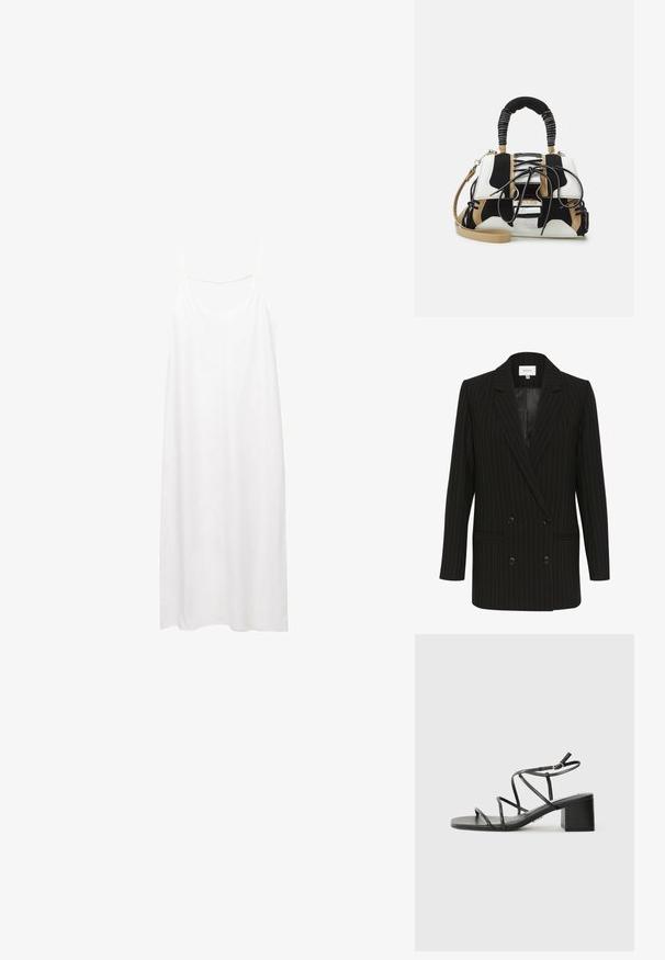 Musta viivapintainen kaksirivinen bleiseri, jossa on satiinikiilto, huippukaulukset ja kaksi etutaskua. Korostaa kontrastivihreitä viivoja.; Valkoinen, hihaton mekko, jossa on V-pääntie ja ohuet olkaimet. Yksinkertainen, suora leikkaus, jossa on sileä pinta ilman kuvioita tai koristeluja.; Mustat korsettikengät, joissa on neliön muotoinen varvas ja paksu korko, valmistettu sileästä materiaalista. Varustettu säädettävillä nilkkahihnoilla ja minimilla varusteilla.; Monivärinen käsilaukku mustasta, valkoisesta ja beigestä verkosta. Siinä on teksturoitu kahva, nauhatyyppinen muotoilu ja irrotettava olkahihna.