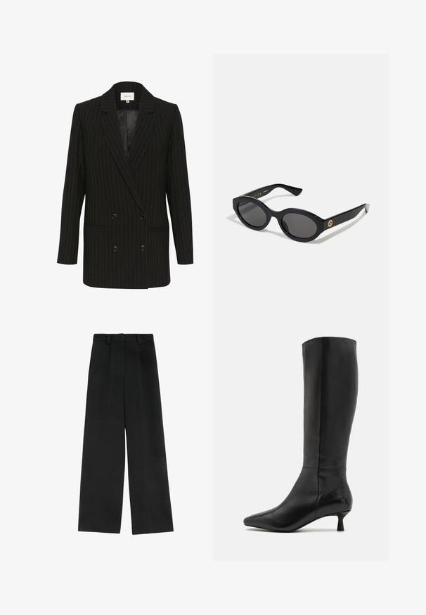 Czarna marynarka dwurzędowa w prążki z satynowym wykończeniem, z klapami w szpic i dwoma kieszeniami z przodu. Charakteryzuje się kontrastowymi zielonymi prążkami.; Biała koszulka z bawełny, z krótkimi rękawami i okrągłym dekoltem. Charakteryzuje się luźnym krojem oraz minimalistycznym stylem, bez wzorów i dodatków.; Czarne szerokie spodnie z wysokim stanem, z dwoma fałdami z przodu, z pętelkami na pasek i gładką teksturą. Brak kieszeni i widocznych elementów metalowych.; Zign - Kozaki; Czarne okulary przeciwsłoneczne w owalnym kształcie z ciemnymi szkłami i błyszczącą plastikową oprawką. Posiadają złote logo na zausznniku, co nadaje im elegancki i nowoczesny wygląd.; Czarna skórzana torba na ramię o gładkiej teksturze, z cienkim, długim paskiem i subtelnym przeszyciem na środku.