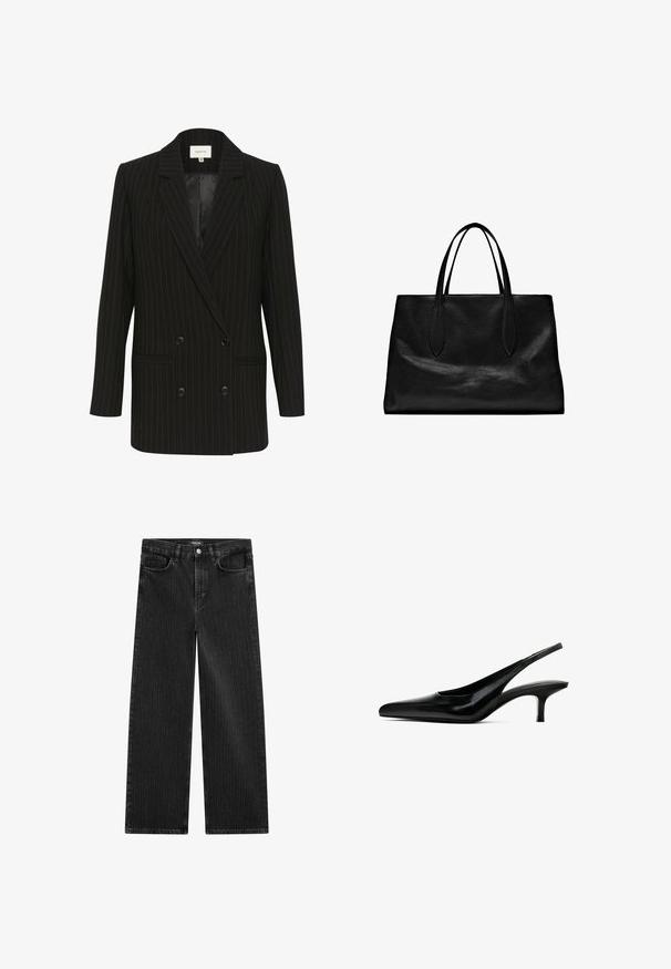 Svart randig dubbelknäppt blazer med satinfinish, spetsiga slag och två framfickor. Har kontrasterande gröna ränder.; Svart kortärmad V-ringad T-shirt med en enkel, figurnära design på en vit bakgrund.; Bredbenta svarta denimjeans med ett subtilt vertikalt randmönster, med femfickorsdesign och en klassisk knäppning i midjan.; Svart spetsig slingback-sko med en glansig läderfinish och en tunn, låg klack. Har en utskärning på sidan för andningsförmåga.; Svart läder tote-väska med två förlängda handtag, en strukturerad form, slät textur och minimalistisk design. Inga synliga beslag eller detaljer.