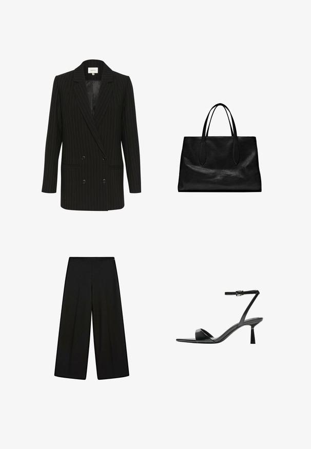 Svart randig dubbelknäppt blazer med satinfinish, spetsiga slag och två framfickor. Har kontrasterande gröna ränder.; Svart kortärmad V-ringad T-shirt med en enkel, figurnära design på en vit bakgrund.; Svarta vida byxor i mjukt tyg, med hög midja och veck, som har en slät yta utan synliga dekorationer.; Bershka Sandaletter - black; Svart läder tote-väska med två förlängda handtag, en strukturerad form, slät textur och minimalistisk design. Inga synliga beslag eller detaljer.